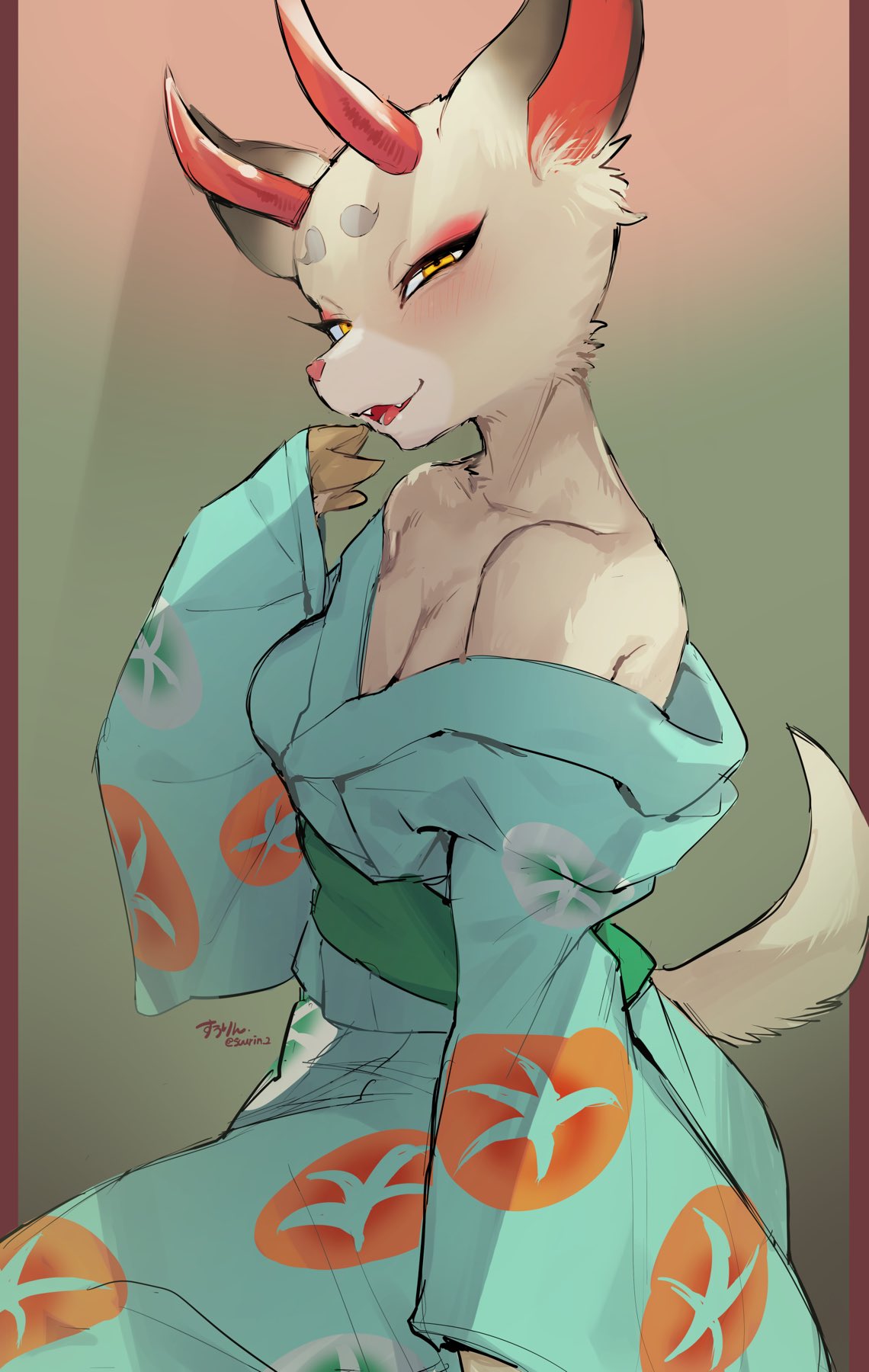 animal_crossing anthro asian_clothing blush breasts cervid cleavage clothed clothing digital_media_(artwork) east_asian_clothing female fingers hi_res hooved_fingers hooves horn japanese_clothing kimono ksyaro mammal nintendo off_shoulder shaded shino_(animal_crossing) smile solo video_games