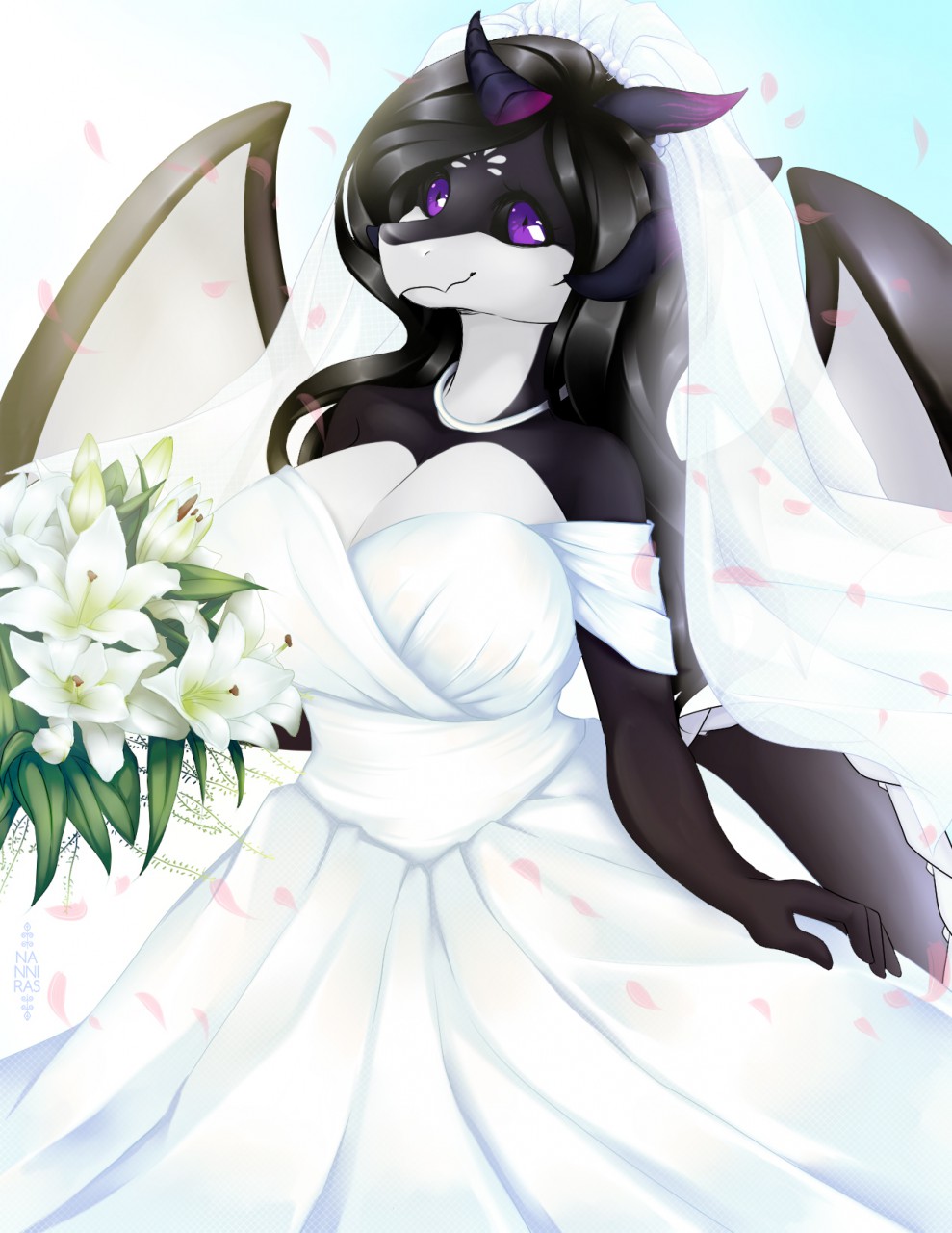 2020 akroma_jormungandr_(dynamicfurry) anthro big_breasts black_body black_hair black_sclera black_skin breasts cleavage clothed clothing countershading cute_expression cute_fangs dark_horn dragon dress female flower hair happy hi_res horn jewelry looking_at_viewer nanniras necklace plant portrait purple_eyes simple_background sky smile snout solo spread_wings wedding wedding_dress wings