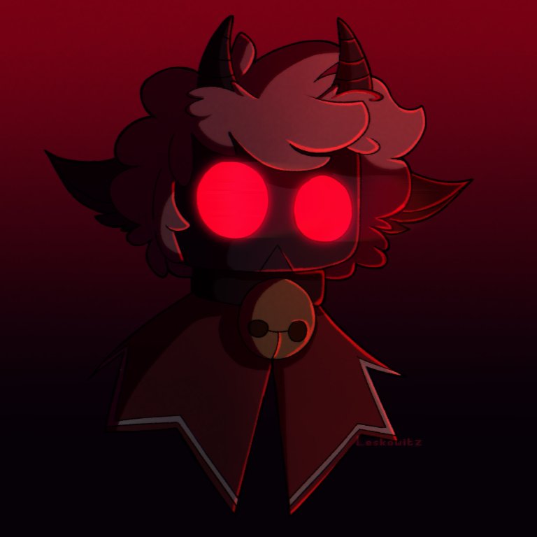 1:1 :&lt; ambiguous_gender bell bell_collar bovid caprine collar creepy cult_of_the_lamb cultist frown fur glowing glowing_eyes horn lamb_(cult_of_the_lamb) leskowitz looking_at_viewer mammal nightmare_fuel ominous possession red_background red_eyes semi-anthro sheep simple_background solo white_body white_fur white_wool wool_(fur)