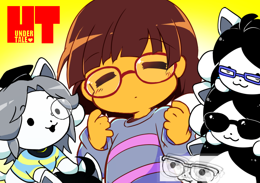 648ers blush canid canine clothed clothing eyewear felid feline glasses group hair human mammal open_mouth protagonist_(undertale) round_glasses simple_background smile tem temmie_(undertale) text topwear undertale undertale_(series) video_games white_body