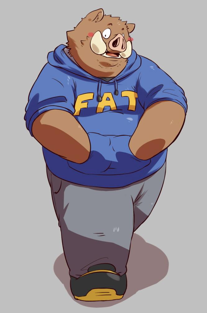 2015 anthro blush bottomwear brown_body clothing fat_hoodie hoodie kemono male mammal meme meme_clothing overweight overweight_male pants simple_background solo suid suina sus_(pig) text text_on_clothing text_on_hoodie text_on_topwear topwear wdh3905 wild_boar