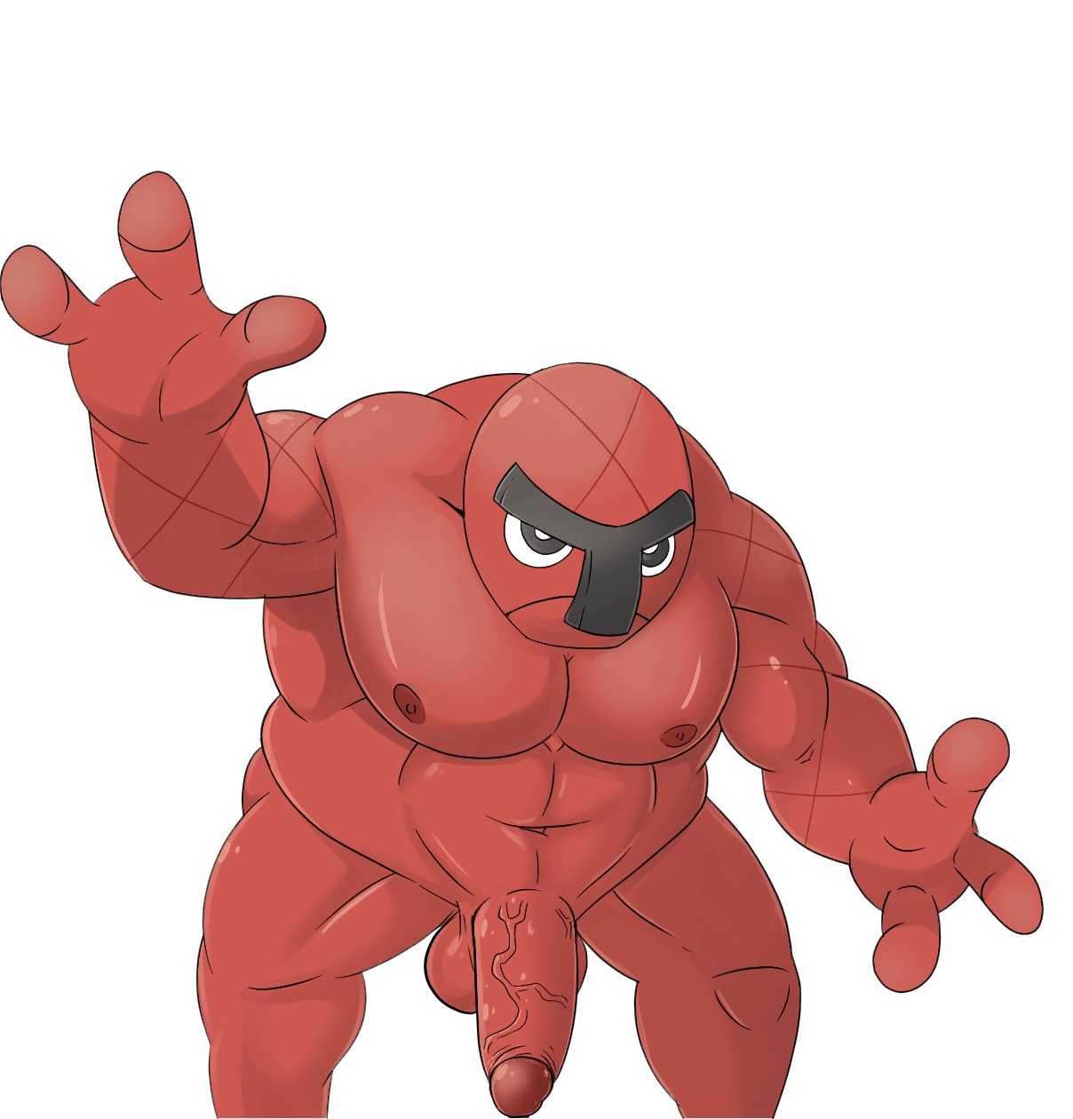 3_fingers balls biped black_eyes black_nose eyebrows fingers flaccid foreskin front_view genitals hi_res humanoid humanoid_genitalia humanoid_penis male musclegut nintendo nipples not_furry nude ofstrial overweight overweight_male pecs penis pok&eacute;mon pok&eacute;mon_(species) red_body red_skin retracted_foreskin solo throh unibrow vein veiny_penis video_games