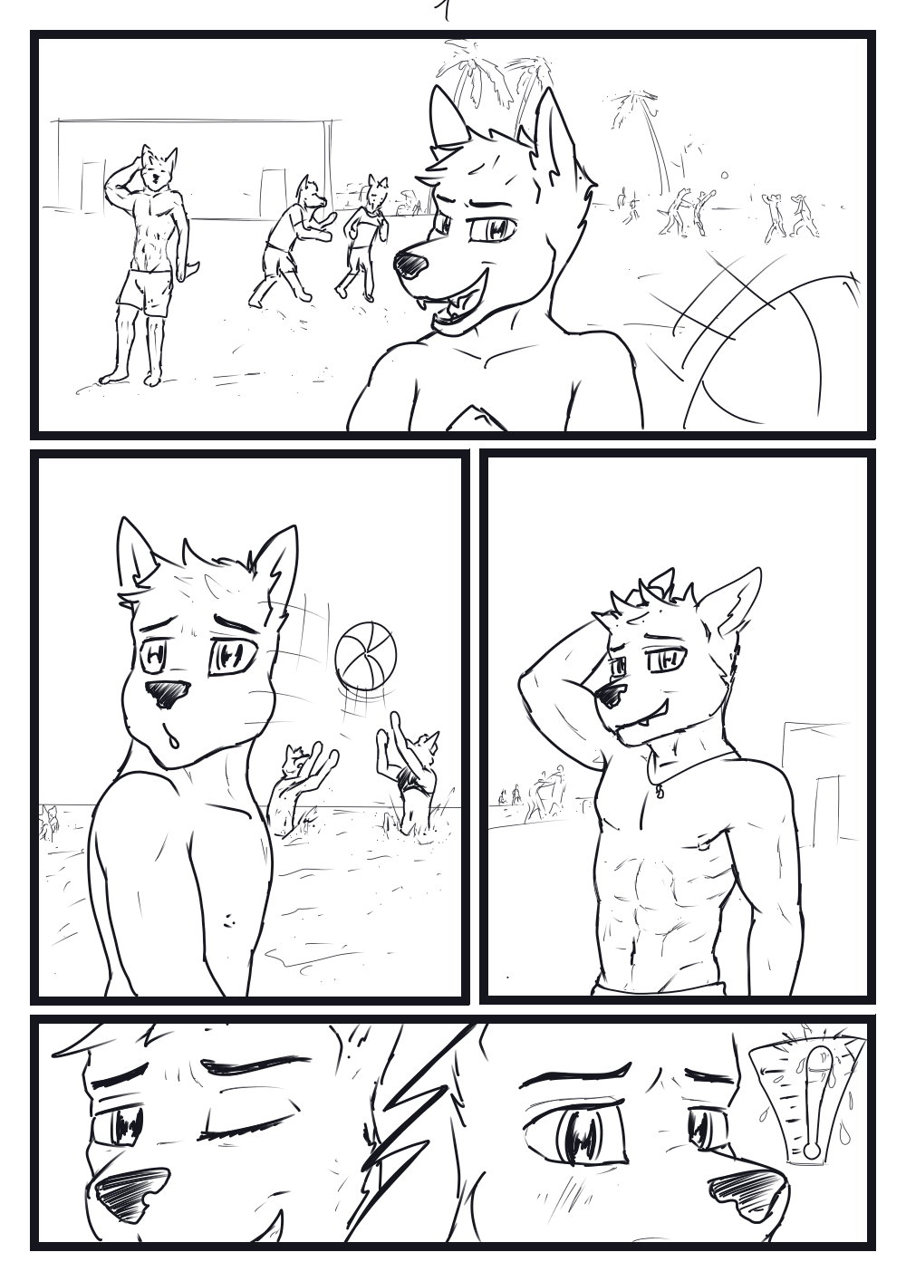 aariel anthro athletic axel ball beach beach_ball canid canine clothing comic duo hi_res inflatable looks_back male male/male mammal playing sea seaside simple_background swimming_trunks swimwear water wolfyalex96_(artist)