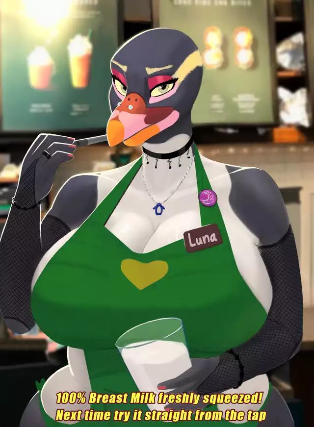 anthro apron armwear avian beak beak_piercing big_breasts bird bite black_body black_feathers bracelet breasts button_pop choker cleavage clothed clothing container crescent_moon cup dialogue english_text eyebrows eyelashes eyeliner facial_piercing feathers female fishnet food fully_clothed furgonomics furry-specific_piercing green_apron green_clothing half-length_portrait holding_object huge_breasts i_mean_breast_milk jewelry luna_(glitch308) makeup meme menu milk moon name_tag necklace ninkasi object_in_mouth pen penguin piercing portrait ring side_boob solo starbucks text white_body white_feathers wide_hips