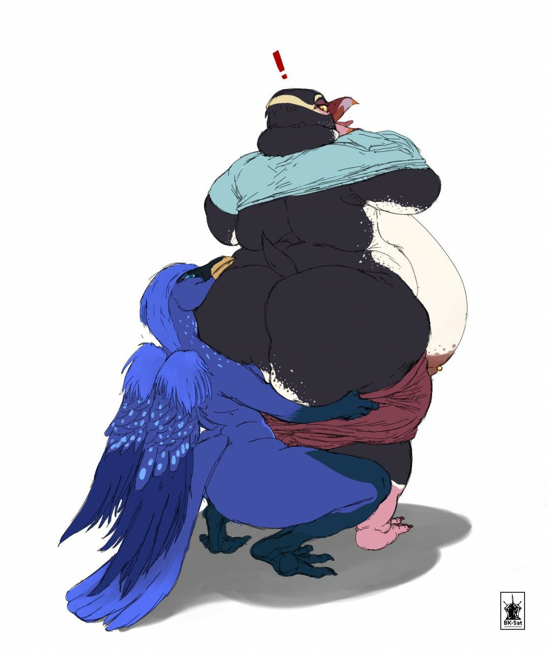 ! anthro assisted_exposure avian beak big_breasts big_butt bird bird_feet bk_sat(artist) black_body black_feathers blue_body blue_feathers breasts butt cat-bird clothed clothing duo feathers female female/female genitals hi_res huge_breasts huge_butt hyper hyper_breasts hyper_genitalia kneeling luna_(glitch308) nipple_piercing nipples open_mouth overweight overweight_female pants_down pantsing partially_clothed penguin piercing shadow signature simple_background smile standing surprise surprised_expression talons thick_thighs white_background