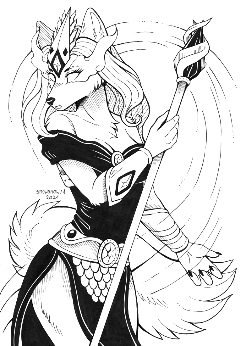 2021 5_fingers anthro armor black_and_white bracers breasts canid canine claws cleavage clothed clothing dress female finger_claws fingers fur glowing glowing_eyes hair holding_object holding_staff mammal monochrome priest signature sketch snowsnow11 solo staff traditional_media_(artwork)