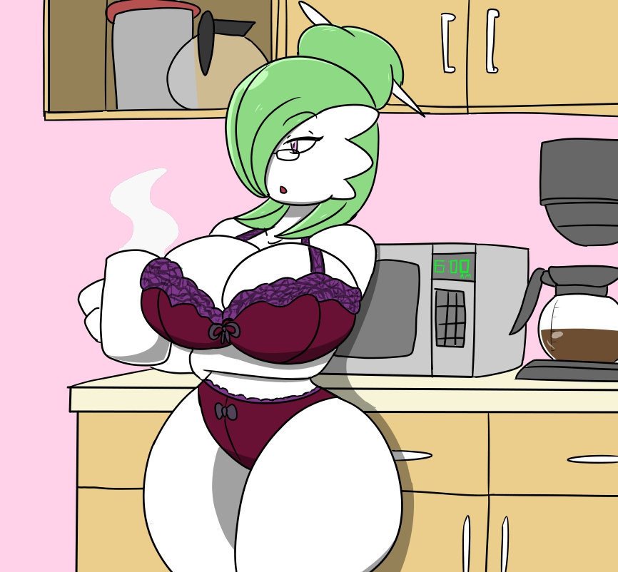 2017 appliance arm_under_breasts beverage big_breasts bra breasts cleavage clothed clothing coffee curvy_figure detailed_background diana_(igph) digital_media_(artwork) eyelashes eyewear female gardevoir glasses green_hair hair hourglass_figure huge_breasts humanoid igphhangout kitchen kitchen_appliance microwave_oven nintendo not_furry one_eye_obstructed panties pink_eyes pok&eacute;mon pok&eacute;mon_(species) solo standing thick_thighs underwear underwear_only video_games voluptuous white_body white_skin wide_hips