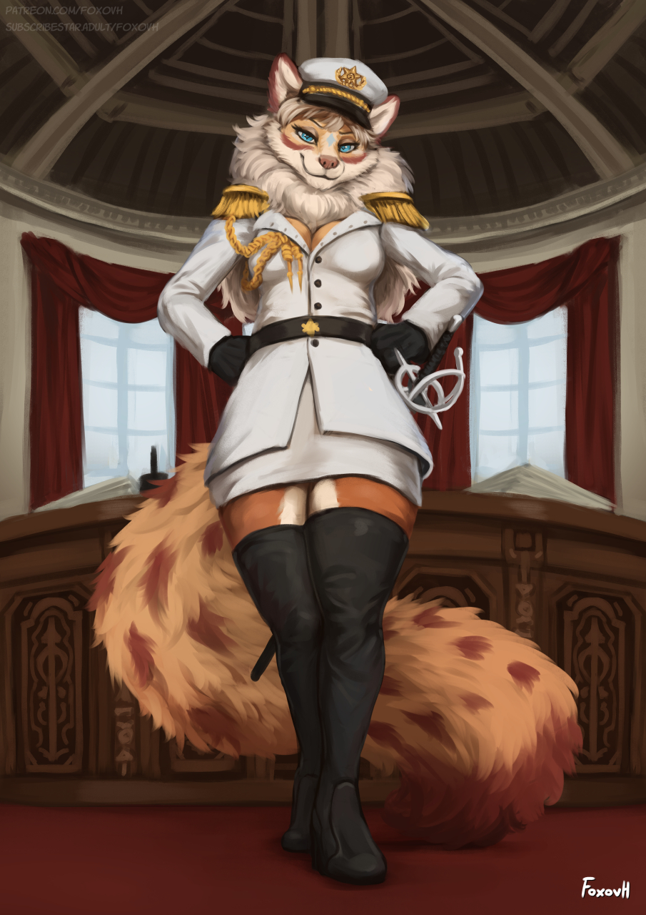 2021 absolute_territory ailurid anthro blue_eyes breasts brown_body brown_fur cleavage clothed clothing desk digital_media_(artwork) female foxovh fur furniture hat headgear headwear hi_res inside leggings legwear looking_down_at_viewer low-angle_view mammal melee_weapon military_cap military_uniform multicolored_body multicolored_fur neck_tuft rapier red_body red_fur red_panda solo sword tan_body tan_fur tuft uniform weapon
