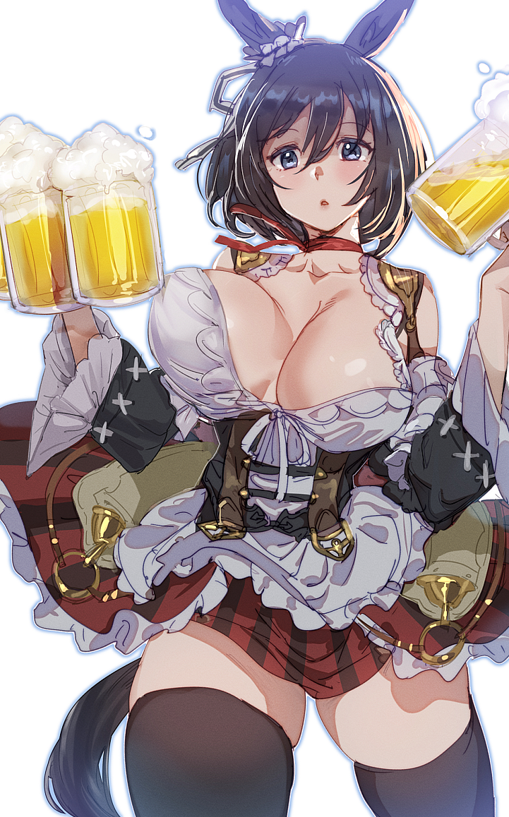 2021 absolute_territory alcohol animal_humanoid beer beverage bow_(artist) breasts clothing container cup dress eishin_flash_(pretty_derby) equid equid_humanoid equine equine_humanoid female hair horse_humanoid humanoid legwear mammal mammal_humanoid solo thigh_highs uma_musume_pretty_derby