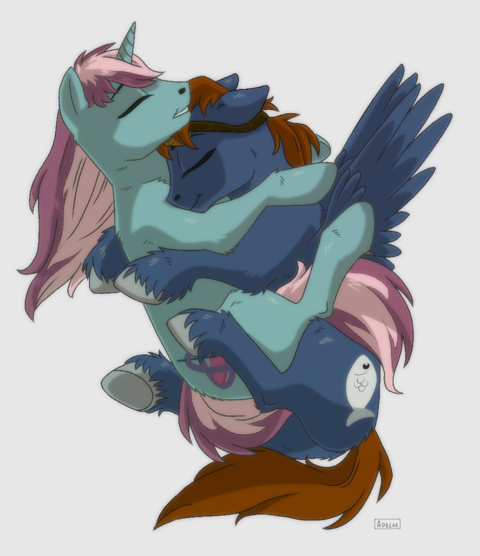 adelar_elric blue_body cuddling cutie_mark duo equid equine eyes_closed fan_character feathered_wings feathers gyro_tech hasbro hooves horn male male/male mammal mane my_little_pony pegasus pink_body quadruped seaward_skies unicorn unicorn_horn wings