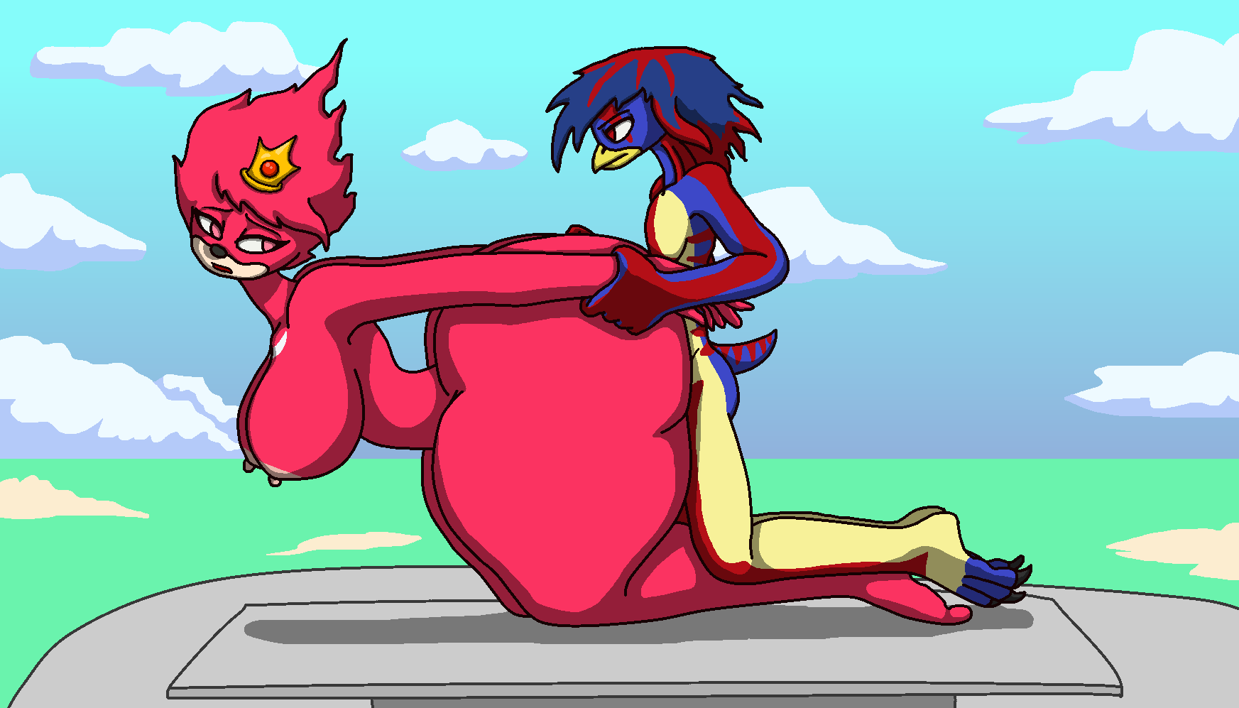 anthro avian backyardigans big_breasts big_butt bird blue_body blue_skin breasts butt crown doggystyle duo female from_behind_position fur hair hand_holding hi_res huge_butt looking_at_viewer male male/female mammal neormk nude pablo_(backyardigans) penguin queen_ugandan_(sujes) red_body red_skin sega sex simple_background sky sonic_the_hedgehog_(series) video_games