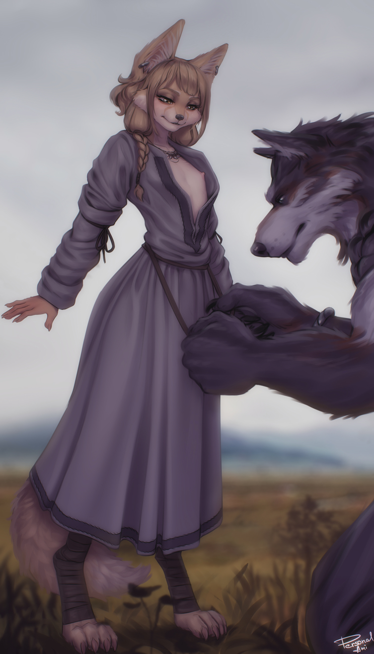 2021 anthro baggy_clothing belt braided_hair brown_hair canid canine canis clothed clothing digital_media_(artwork) ear_piercing ear_ring einarr_(personalami) female fennec flat_chested foot_wraps fox fur grey_body grey_fur hair hi_res jewelry khiara_(personalami) mammal necklace nipples personalami piercing rope rope_belt shirt signature smile solo standing tan_body tan_fur topwear tying wolf wraps