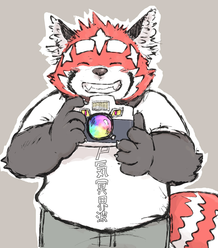 2021 ailurid anthro bottomwear camera clothing eyes_closed humanoid_hands japanese_text kemono lifewonders male mammal pants red_body red_panda shirt slightly_chubby solo takakei1 text text_on_clothing text_on_shirt text_on_topwear tokyo_afterschool_summoners topwear video_games zhurong_(tas)