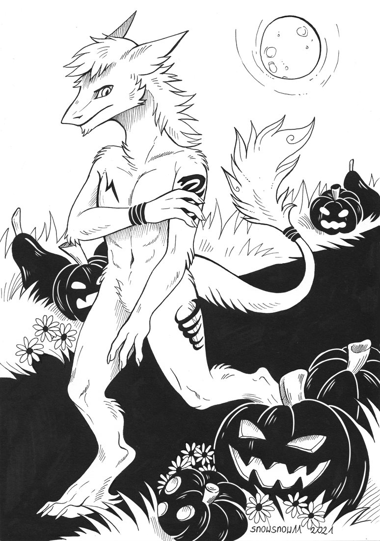 2021 4_fingers anthro arm_tattoo black_and_white chest_tattoo claws digitigrade feet finger_claws fingers flower full_moon fur garden hindpaw jack-o'-lantern leg_tattoo male monochrome moon navel nude paws plant sergal signature sketch snowsnow11 solo tattoo toe_claws toes walking wareener wraps wrist_wraps