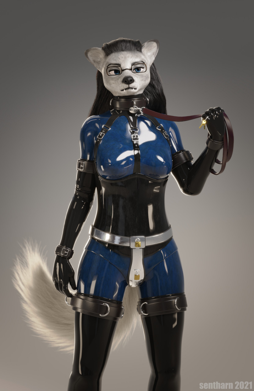 2021 3d_(artwork) anthro arctic_fox bdsm black_hair blue_eyes bodysuit bondage boots bottomwear bound breasts canid canine catsuit_(disambiguation) chastity_belt chastity_device clothed clothing collar corset digital_media_(artwork) dominant fangs female footwear fox fur hair handwear hi_res joey_(sentharn) kinktober leash leash_and_collar leash_play leash_pull leather leather_cuffs legwear lingerie lock mammal name_tag padlock restrained role_reversal rubber rubber_clothing rubber_suit sentharn simple_background skinsuit solo story story_at_source story_in_description submissive submissive_female tight_clothing topwear white_body white_fur