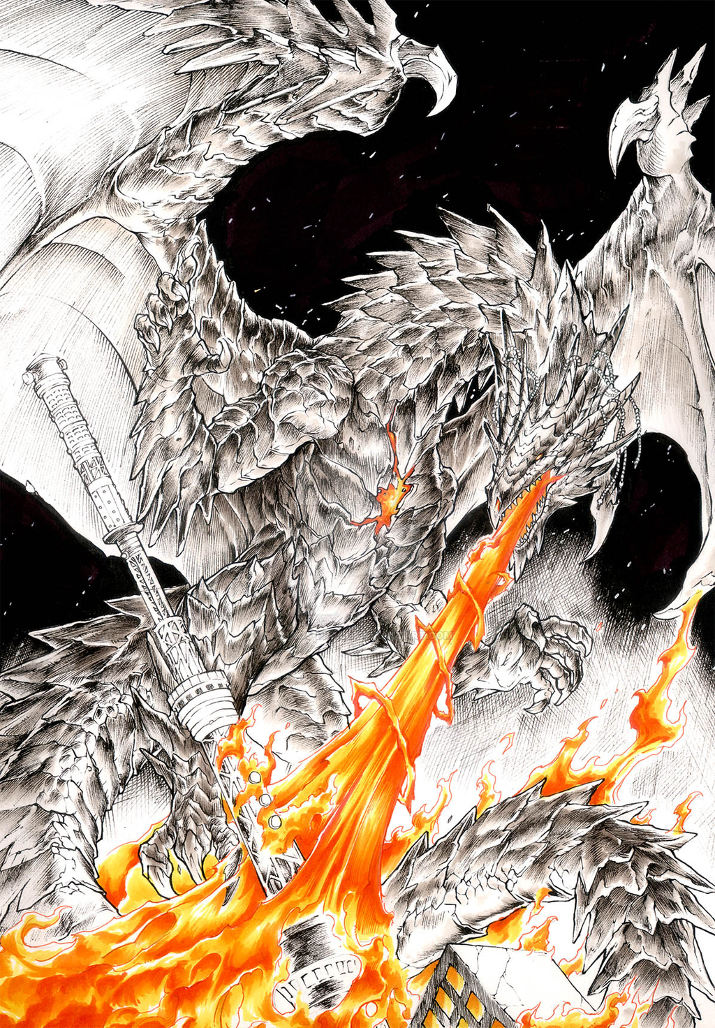 2019 5_fingers ambiguous_gender breath_powers chaos-draco claws dragon elemental_manipulation feral fingers fire fire_breathing fire_manipulation hi_res horn membrane_(anatomy) membranous_wings open_mouth scales scalie solo spines teeth traditional_media_(artwork) western_dragon wings