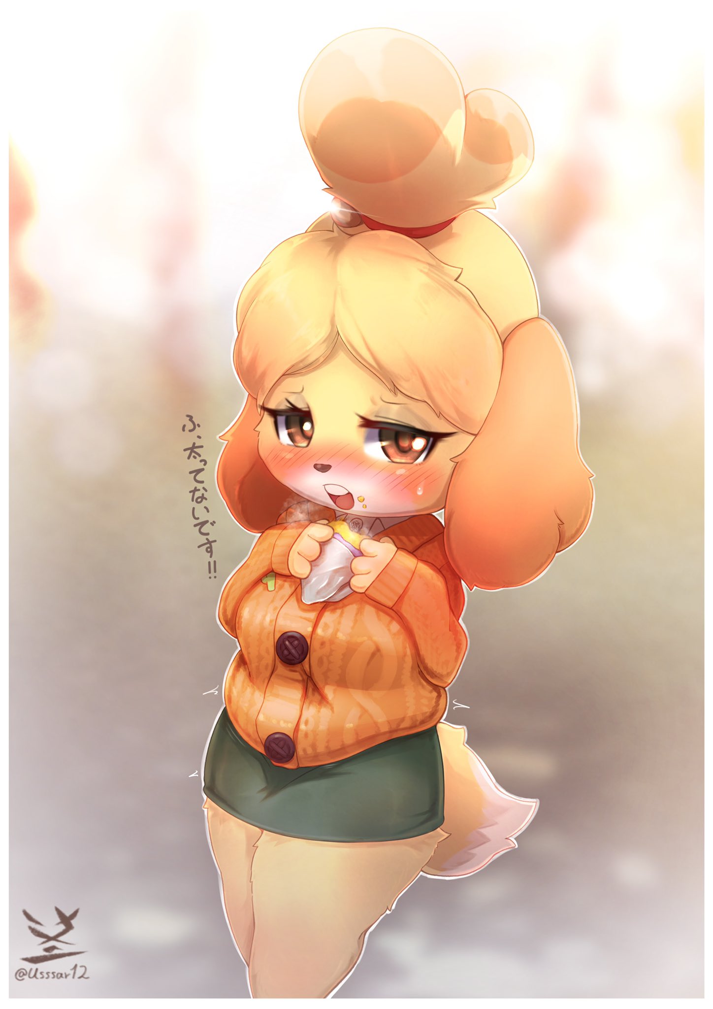 accessory animal_crossing anthro biped blush bottomwear brown_eyes canid canine canis clothing countershade_face countershade_fur countershading dipstick_tail domestic_dog eating eyelashes female floppy_ears fluffy fluffy_tail food fur hair hair_accessory hair_bun hairband half-closed_eyes hi_res isabelle_(animal_crossing) japanese_text looking_at_viewer mammal markings narrowed_eyes nintendo open_mouth orange_body orange_fur orange_hair pencil_skirt shih_tzu skirt solo standing sweater tail_markings teeth text topwear toy_dog usssar12 video_games white_body white_fur