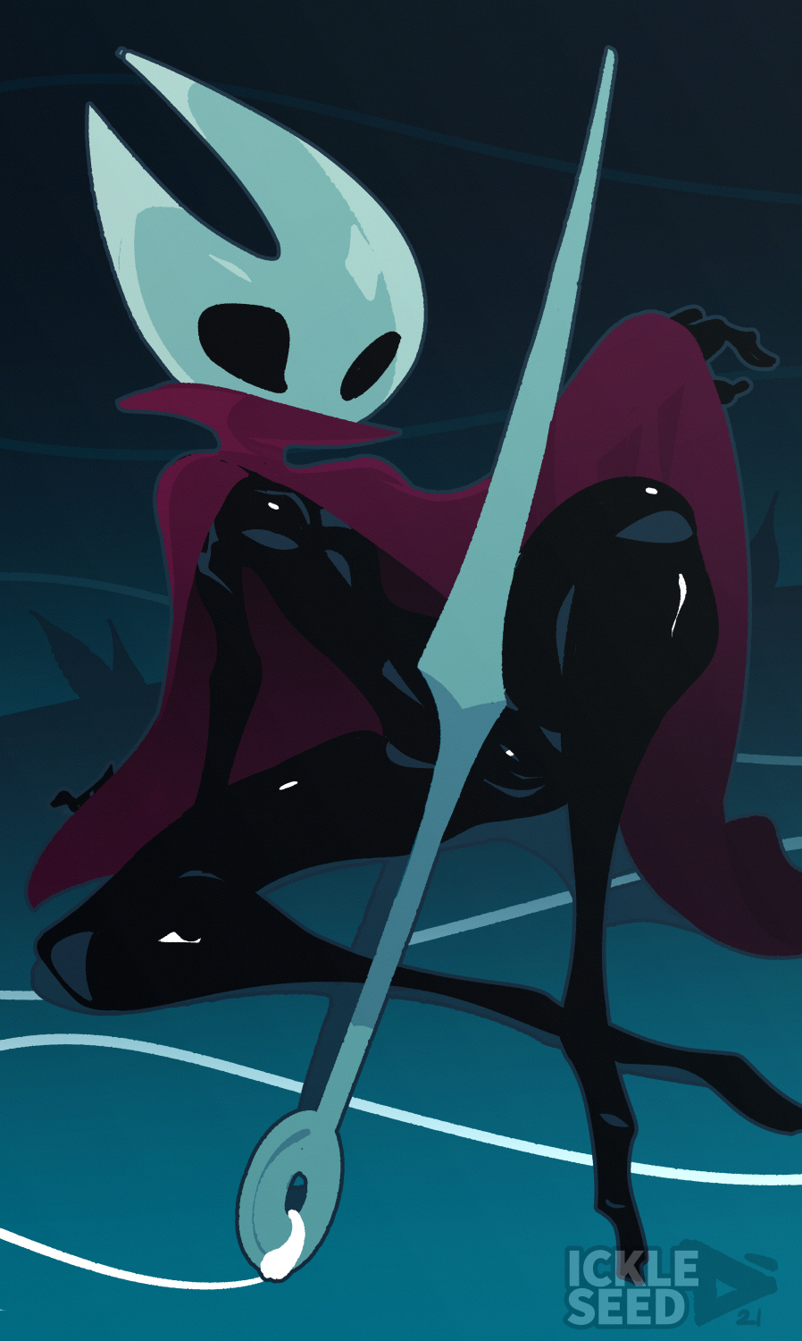 arthropod black_body breasts cloak clothing crossed_legs featureless_breasts featureless_crotch female genitals glistening glistening_body hi_res hollow_knight hornet_(hollow_knight) humanoid ickleseed non-mammal_breasts presenting pussy red_clothing sitting small_breasts solo team_cherry video_games weapon
