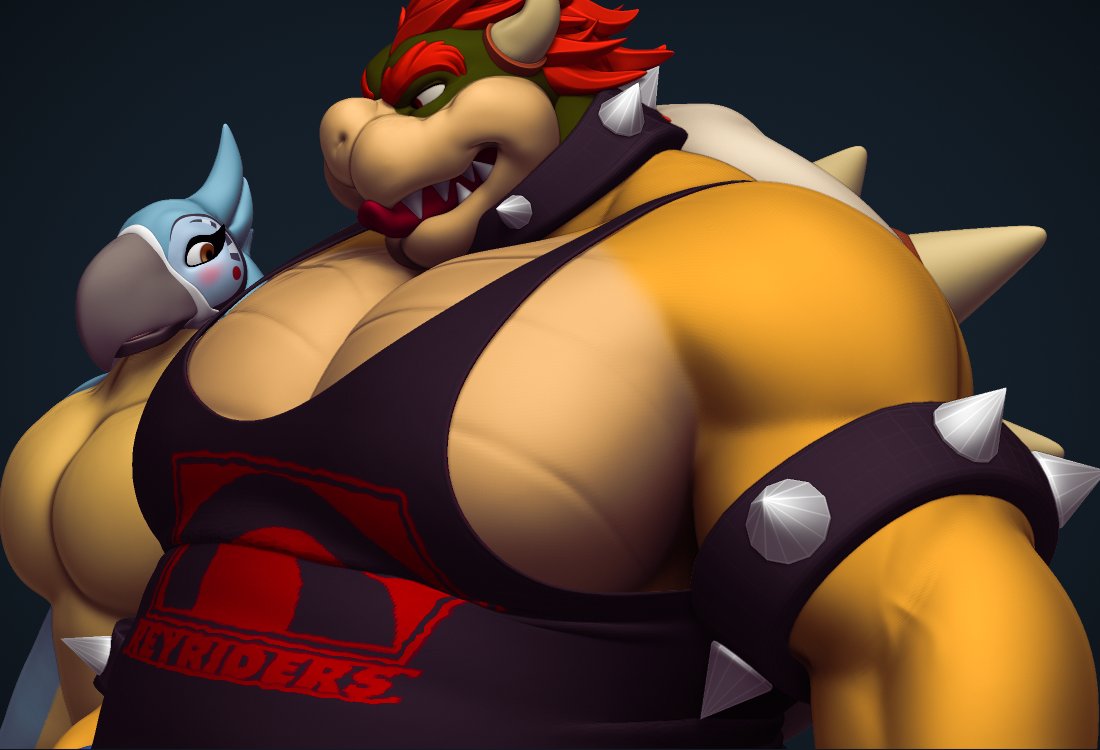 2021 3d_(artwork) anthro anthro_on_anthro armband avian barazoku beak big_muscles big_pecs black_background blush bowser breath_of_the_wild clothing collar digital_media_(artwork) duo english_text eyebrows feathers girl_staring_at_man's_chest hair horn huge_muscles huge_pecs kass_(tloz) koopa licking licking_lips licking_own_lips looking_at_another looking_at_muscles male male/male mario_bros meme muscular muscular_anthro muscular_male narrowed_eyes nintendo pecs reyriders rito scalie self_lick shell shirt simple_background spiked_armband spiked_collar spiked_shell spikes spikes_(anatomy) stare tank_top teeth text text_on_clothing text_on_shirt text_on_tank_top text_on_topwear the_legend_of_zelda tongue tongue_out topwear video_games