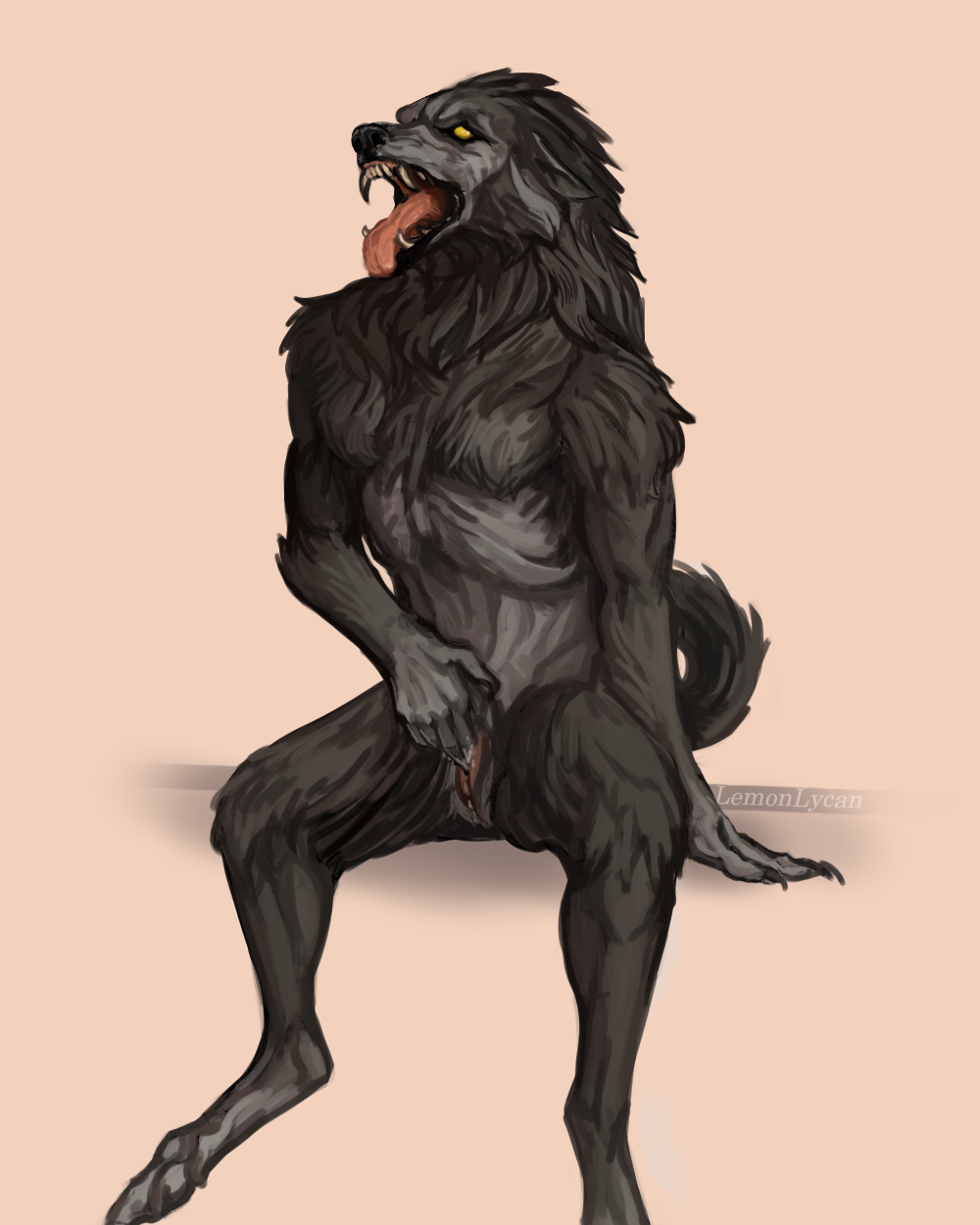 4:5 anthro bodily_fluids canid canine fangs female hi_res lemonlycan mammal masturbation nude open_mouth saliva solo teeth tongue were werecanid werecanine werewolf