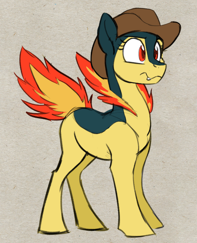 2021 acesential ambiguous_gender black_body clothing cowboy_hat equid equine eyebrows fangs feral fire flaming_tail fusion hasbro hat headgear headwear horse mammal my_little_pony nintendo pok&eacute;mon pok&eacute;mon_(species) ponification pony red_eyes solo typhlosion video_games yellow_body