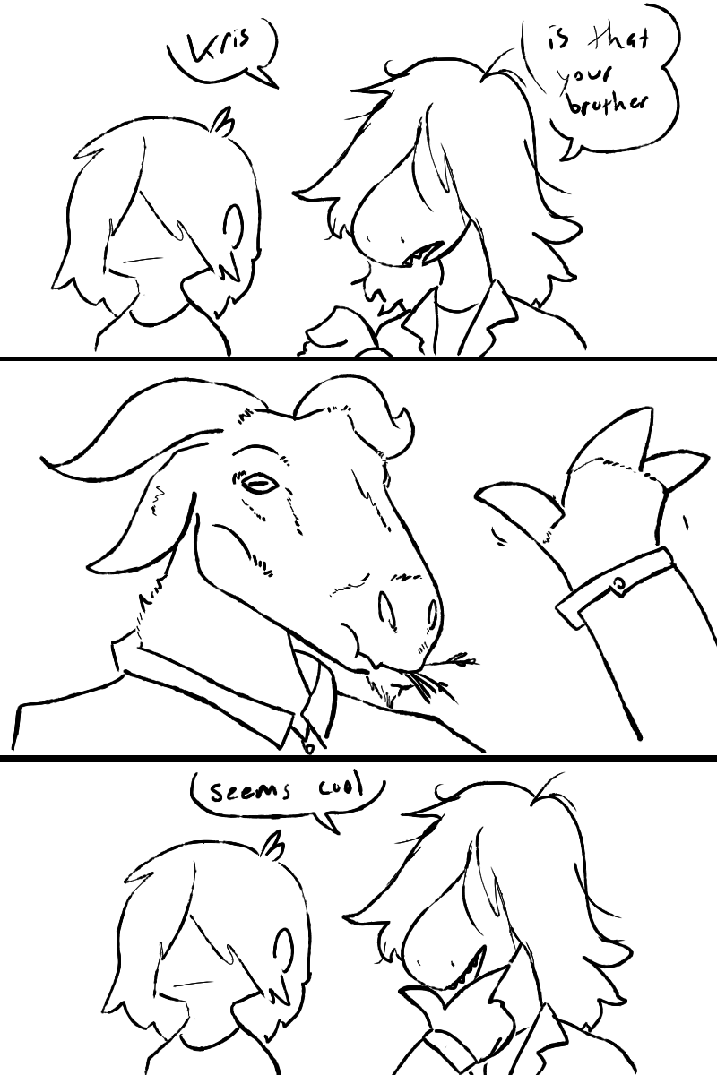 2:3 ambiguous_gender anthro asriel_dreemurr black_and_white bovid bust_portrait caprine chewing chewing_grass clothing comic cuffs_(clothing) deltarune dialogue dinosaur dress_shirt eating english_text fingers frown gesture goat grass group hair hair_over_eyes hand_on_chin hi_res hooved_fingers hooves horizontal_pupils horn human humor jacket kris_(deltarune) male mammal messy_hair monochrome neutral_expression open_frown open_mouth open_smile plant pointing portrait pupils reptile scalie sharp_teeth shirt simple_background smile speech_bubble susie_(deltarune) teeth text the_weaver three-quarter_view topwear trio undertale undertale_(series) video_games waving