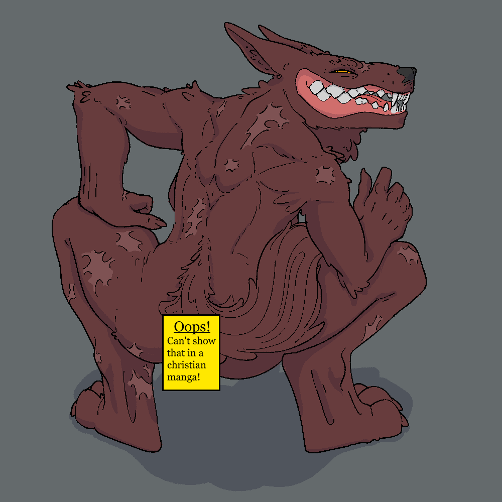 1:1 4_toes 5_fingers anthro big_teeth breasts brown_body brown_tail butt canid canine canis censor_bar censored claws crouching ears_back english_text fangs feet female fingers mammal monster pivoted_ears presenting presenting_hindquarters scar scars_all_over sergeant_(xenopera) side_boob smile solo text toes were werecanid werecanine werewolf whisker_spots wolf xenopera yellow_eyes