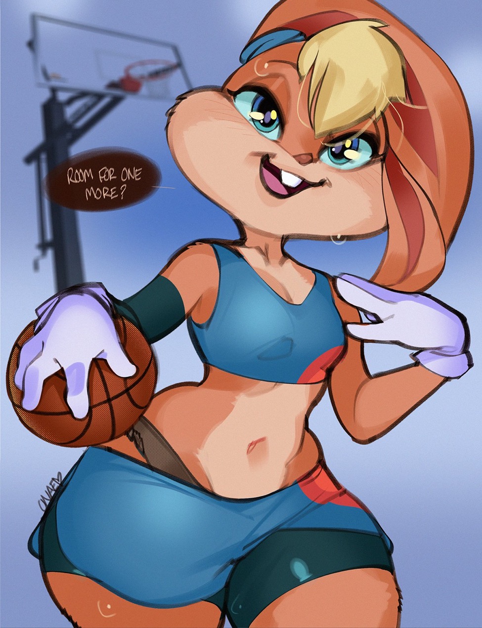 anthro ball basketball basketball_(ball) basketball_uniform bodily_fluids clothing curvy_figure dialogue english_text female gloves handwear hi_res hourglass_figure lagomorph leporid lola_bunny looney_tunes mammal onae rabbit solo space_jam space_jam:_a_new_legacy speech_bubble sportswear sweat sweatdrop text thick_thighs underwear uniform warner_brothers wide_hips