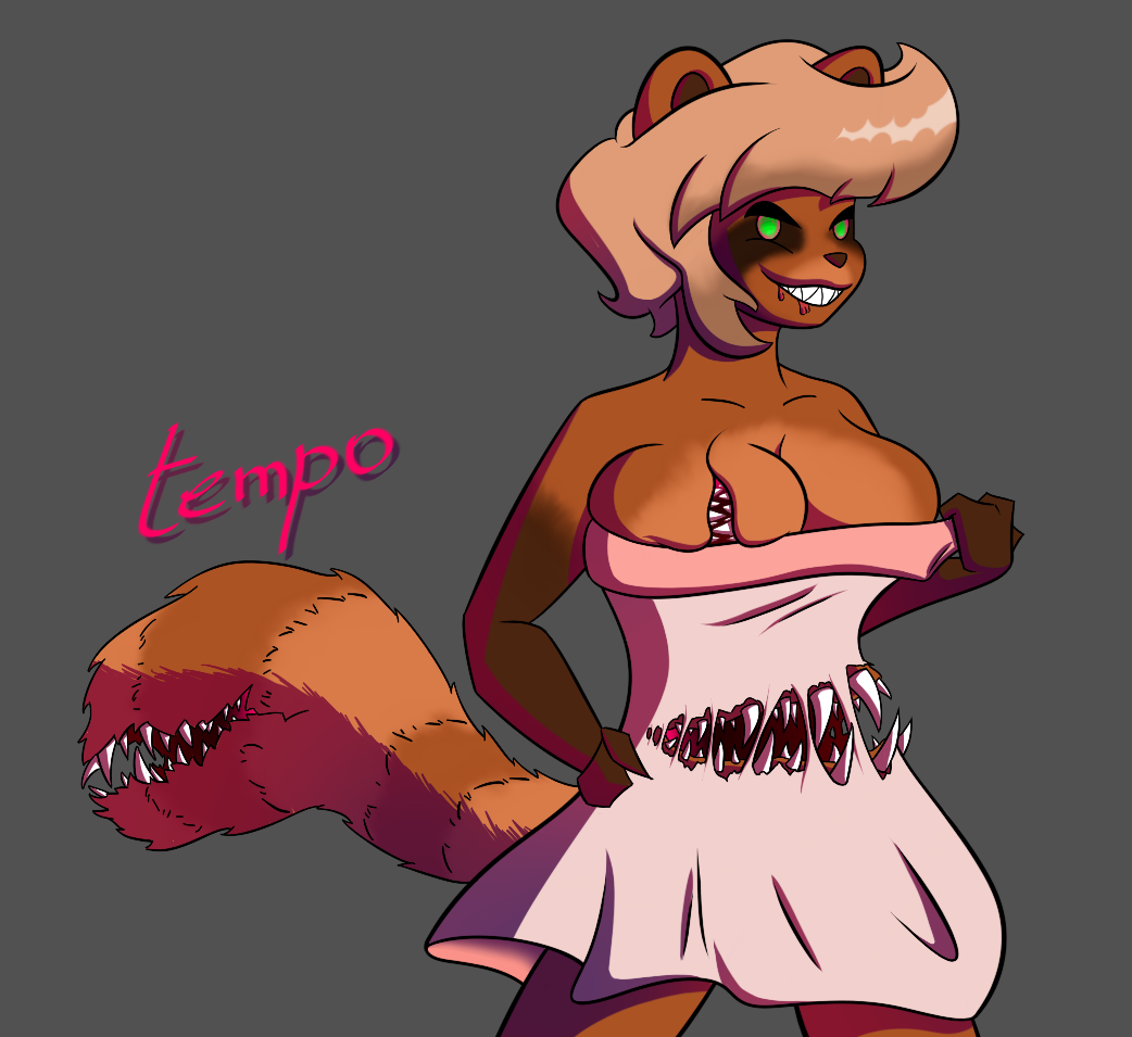 anthro breasts brown_body brown_fur canid canine cleavage clothed clothing dress female fur gore green_eyes hand_on_hip mammal markings mimic pink_lighting raccoon_dog sharp_teeth signature snake_metal_(artist) solo stomach_mouth striped_markings striped_tail stripes tail_markings tail_mouth tanuki teeth torn_clothing unusual_anatomy unusual_tail