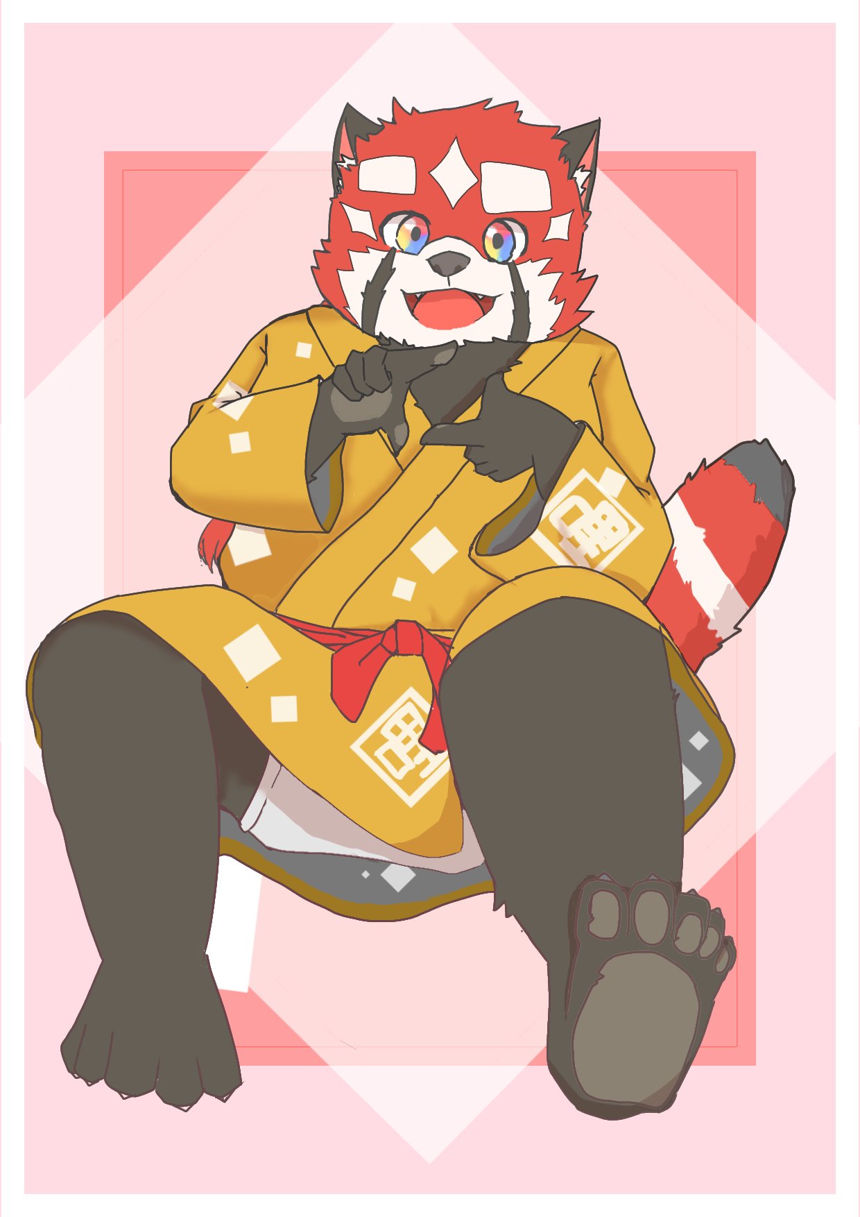 2021 5_toes ailurid anthro asian_clothing barefoot black_body black_pawpads claws clothing east_asian_clothing feet hi_res humanoid_hands japanese_clothing kemono komsan0818 lifewonders male mammal pawpads paws plantigrade red_body red_panda sitting soles solo toes tokyo_afterschool_summoners underwear video_games young zhurong_(tas)