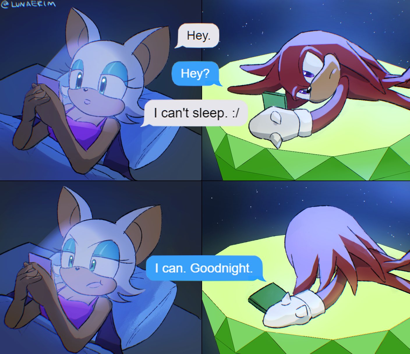 anthro bed chiropteran comic duo echidna female fur furniture gem hi_res humor knuckles_the_echidna lunaerim male mammal master_emerald monotreme night phone red_body rouge_the_bat sega sleepwear sonic_the_hedgehog_(series) text texting white_body white_fur wings