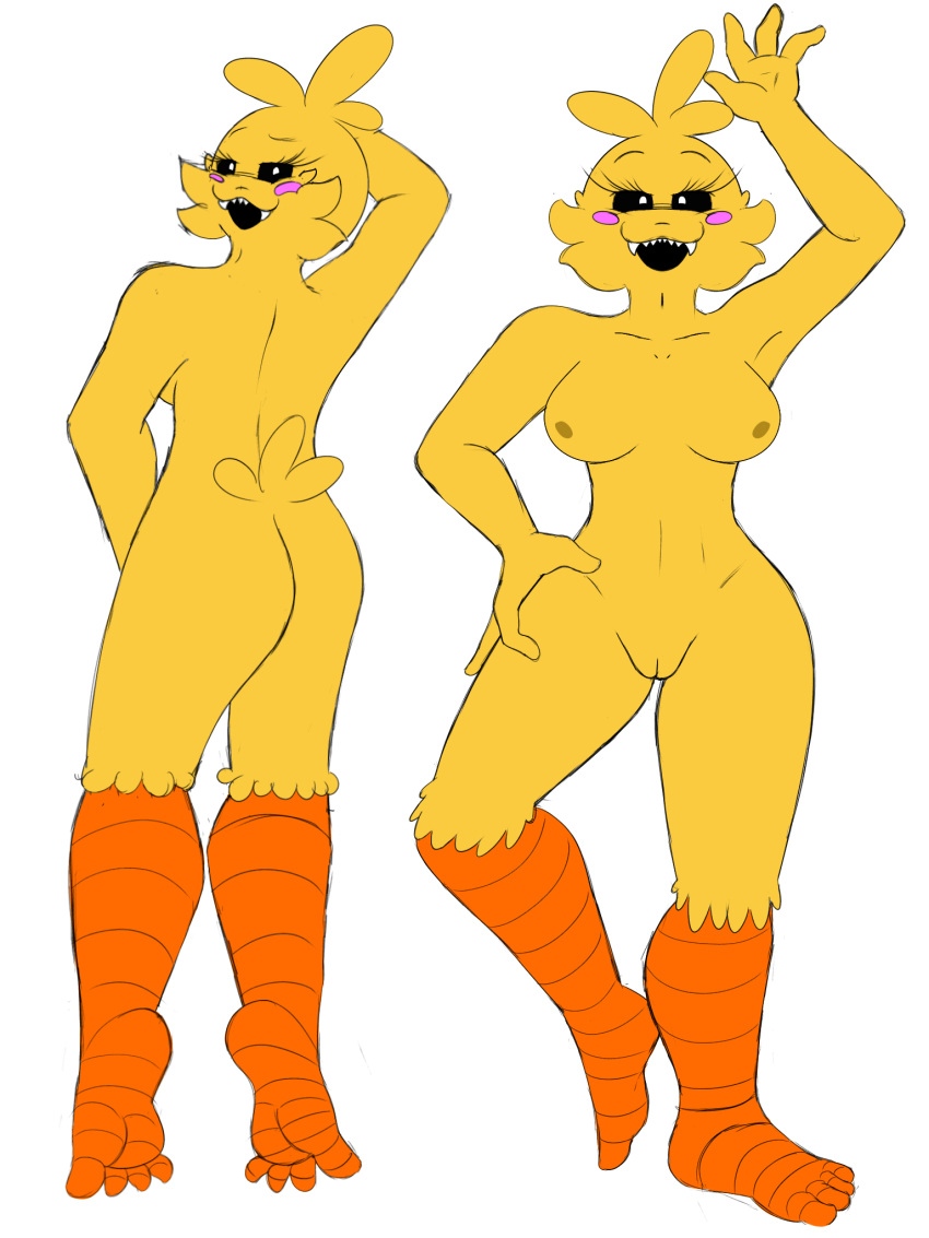 anthro anthrofied avian beakless bird bird_feet blush blush_stickers breasts butt chicken curvy_figure eyelashes feathers female five_nights_at_freddy's five_nights_at_freddy's_2 galliform gallus_(genus) genitals hourglass_figure looking_at_viewer looking_back looking_back_at_viewer medium_breasts model_sheet nipples nude phasianid pose pussy sharp_teeth solo tail_feathers teeth toy_chica_(fnaf) toynnies video_games wide_hips