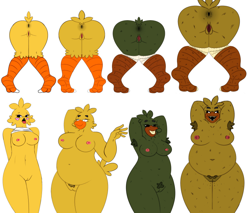 anthro anthrofied anus armpit_hair avian beak beakless bib big_breasts bird bird_feet blush blush_stickers body_hair breasts butt chica_(fnaf) chicken curvy_figure feathers female five_nights_at_freddy's five_nights_at_freddy's_2 five_nights_at_freddy's_4 galliform gallus_(genus) genitals green_body group hourglass_figure looking_at_viewer medium_breasts mostly_nude nightmare_chica_(fnaf) nipples non-mammal_breasts nude phantom_chica_(fnaf) phasianid pose presenting presenting_anus presenting_hindquarters presenting_pussy pubes pussy tail_feathers thick_thighs toy_chica_(fnaf) toynnies video_games voluptuous wide_hips yellow_body