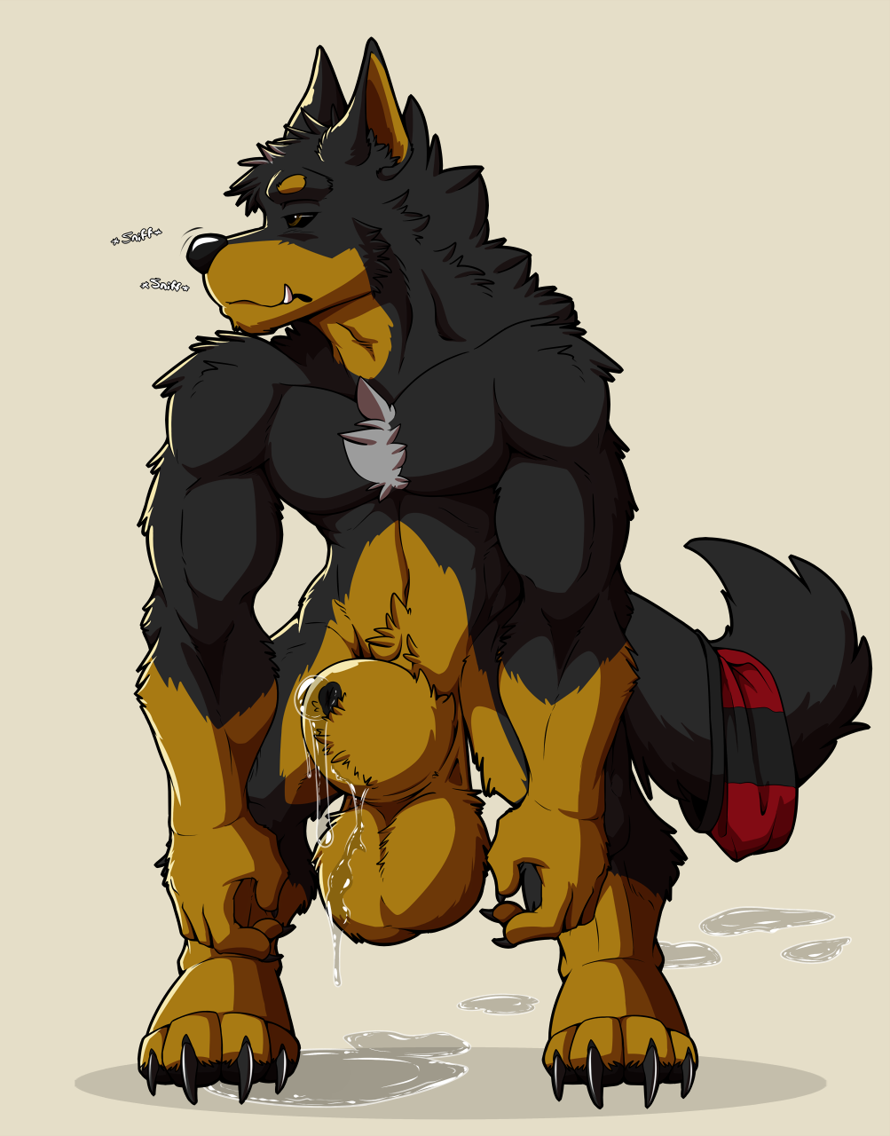 animal_genitalia anthro balls beauceron big_balls big_sheath black_body black_fur black_nose black_sclera bodily_fluids brown_body brown_fur canid canine canis claws clothing doggieo doggieo_(character) domestic_dog dripping finger_claws fully_sheathed fur genital_fluids genitals herding_dog hi_res leaking_precum male mammal multicolored_body multicolored_fur muscular muscular_anthro muscular_male pastoral_dog precum precum_drip precum_on_balls precum_on_ground precum_on_sheath sheath sniffing solo toe_claws two_tone_body two_tone_fur underwear underwear_around_tail underwere_(doggieo) were werecanid werecanine weredog