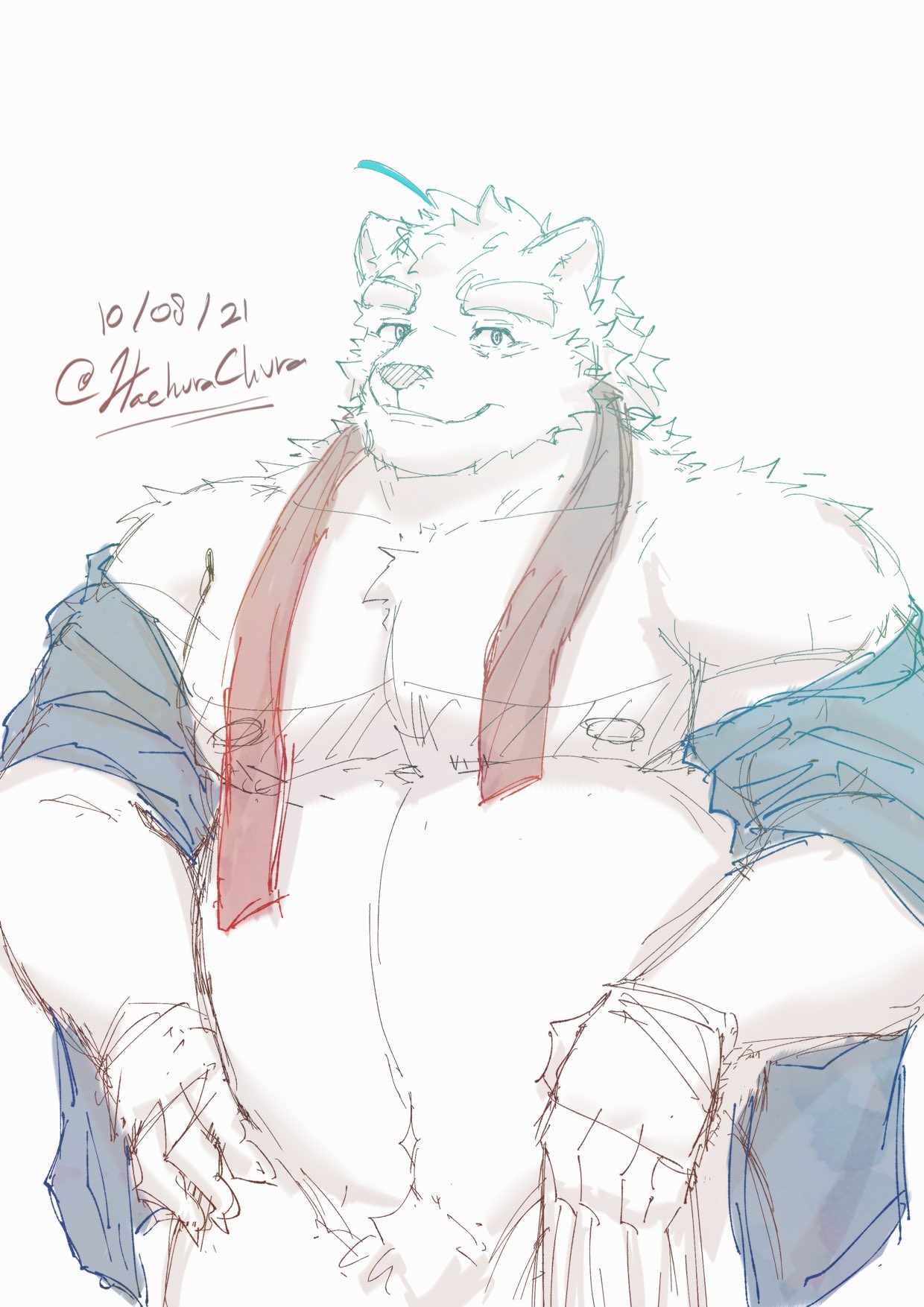 2021 anthro belly clothed clothing hachura hi_res humanoid_hands kemono knights_college male mammal moobs necktie nipples open_clothing open_shirt open_topwear overweight overweight_male paul_(knights_college) polar_bear shirt simple_background sketch solo topwear ursid ursine video_games visual_novel white_background