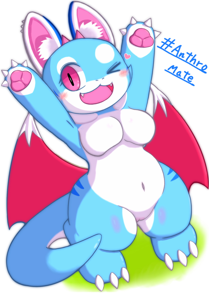&lt;3 anthro anthromate big_breasts blush body_blush breasts butt_wings chiropteran claws dragon female fino_(anthromate) genitals hi_res hybrid looking_at_viewer mammal one_eye_closed open_mouth pawpads pink_eyes pink_pawpads potechi pupils pussy pussy_blush semi-anthro simple_background slit_pupils smile white_background wide_hips wings wink