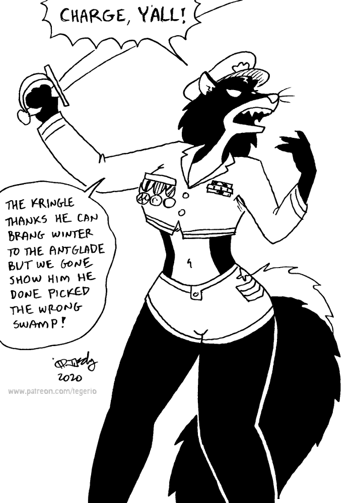 2020 anthro black_and_white bottomwear catherine_o'daisies clothing cutoffs daisy_dukes denim denim_clothing english_text female hat headgear headwear hotpants mammal medal melee_weapon mephitid midriff monochrome navel open_mouth shorts skunk solo sword tegerio text uniform weapon whiskers