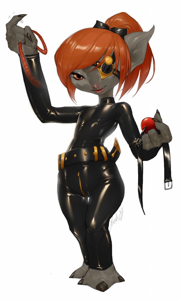 2019 asura ball_gag beckoning black_latex clothing dominant dominant_female eye_patch eyewear female first_person_view gag gesture guild_wars hair hi_res humanoid leash leashed_pov licheart nails orange_hair rubber rubber_clothing rubber_suit sharp_nails solo video_games