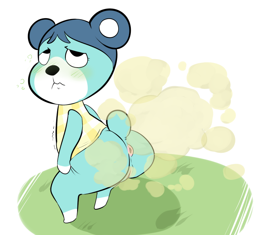 animal_crossing anthro anus bluebear_(animal_crossing) blush bottomless clothed clothing crouching digital_media_(artwork) fart fart_cloud fart_fetish female filthy fur genitals grass hair humanoid_genitalia humanoid_pussy mammal nausea nervous nintendo plant pussy round_tail simple_background skunkbutts solo tagme ursid ursine video_games