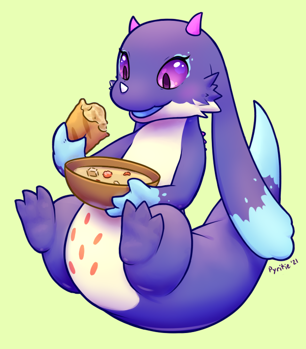 2021 big_tail blue_body bread digital_media_(artwork) dragon earth_wyrm eating facial_horn feirune female floppy_ears food horn kemono long_ears nose_horn nude open_mouth open_smile pink_eyes purple_eyes pyritie red_spots scalie simple_background smile so_i'm_a_spider_so_what? solo soup spots tan_body thick_tail