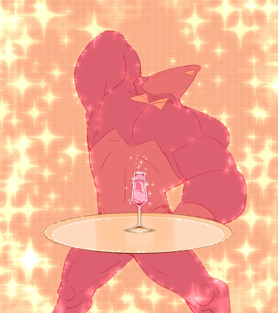 alcohol avian beverage biceps black_body black_feathers bow_tie champagne_glass clothed clothing corset darkner deltarune feathers hi_res lingerie male mask muscular muscular_male pecs pose serving_tray solo sparkles swatchling tofulicious topwear undertale_(series) video_games