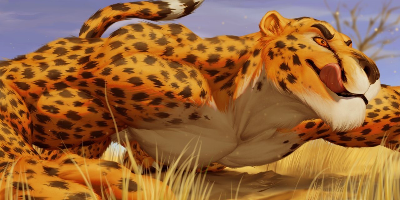 2:1 anthro brown_body brown_fur brown_nose brown_spots cheetah day detailed eyebrows felid feline fur grass licking licking_lips macmuk male mammal mtfoxx muscular muscular_anthro muscular_male orange_body orange_eyes orange_fur outside plant raised_tail smile solo spots spotted_body spotted_fur tongue tongue_out tree white_body white_fur