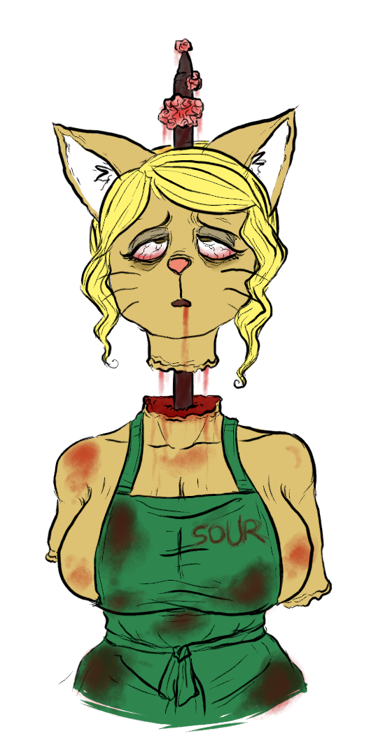 2021 anthro apron apron_only armless blonde_hair blood bloodshot_eyes bodily_fluids brain canid canine canis clothed clothing death decapitation female fox fur gore green_apron green_clothing hair i_mean_breast_milk mammal meme mostly_nude organs pink_nose severed_head shirtbusters simple_background snuff solo tagme white_background wolf yellow_body yellow_fur