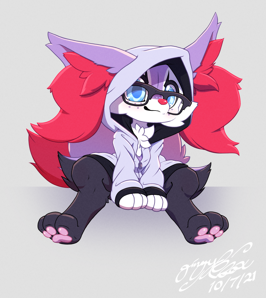 blue_eyes braixen clothed clothing eyewear freckles gingy_(gingy_k_fox) gingy_k_fox glasses hoodie looking_at_viewer nintendo pok&eacute;mon pok&eacute;mon_(species) shiny_pok&eacute;mon sitting topwear video_games