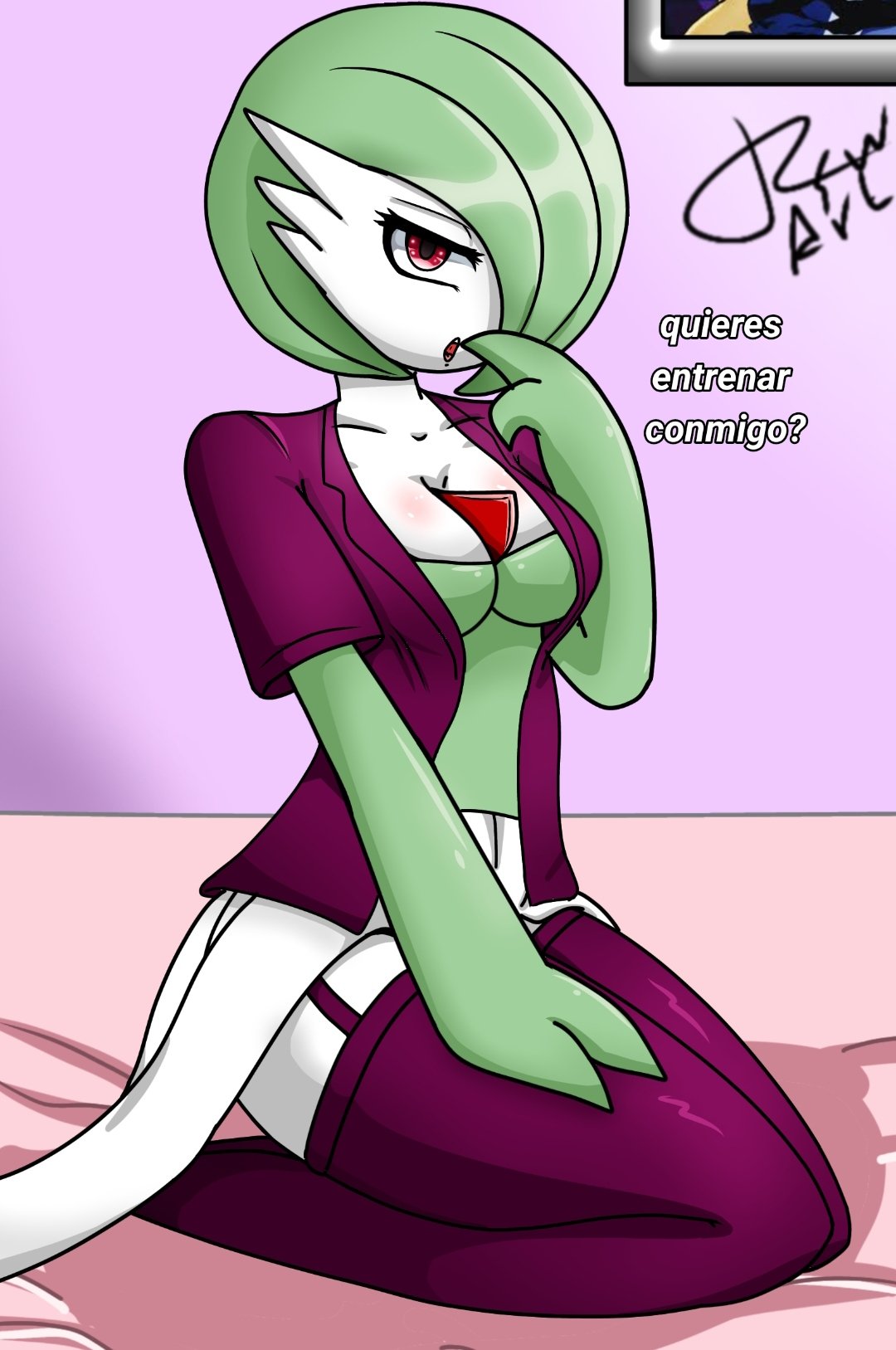 2021 bed bedroom_eyes clothing dialogue female finger_to_mouth furniture gardevoir garter_straps green_hair hair hand_on_leg hand_on_thigh hi_res humanoid kneeling legwear narrowed_eyes nintendo open_mouth pok&eacute;mon pok&eacute;mon_(species) red_eyes regislowstart seductive signature simple_background solo spanish_text text thick_thighs thigh_highs translated video_games