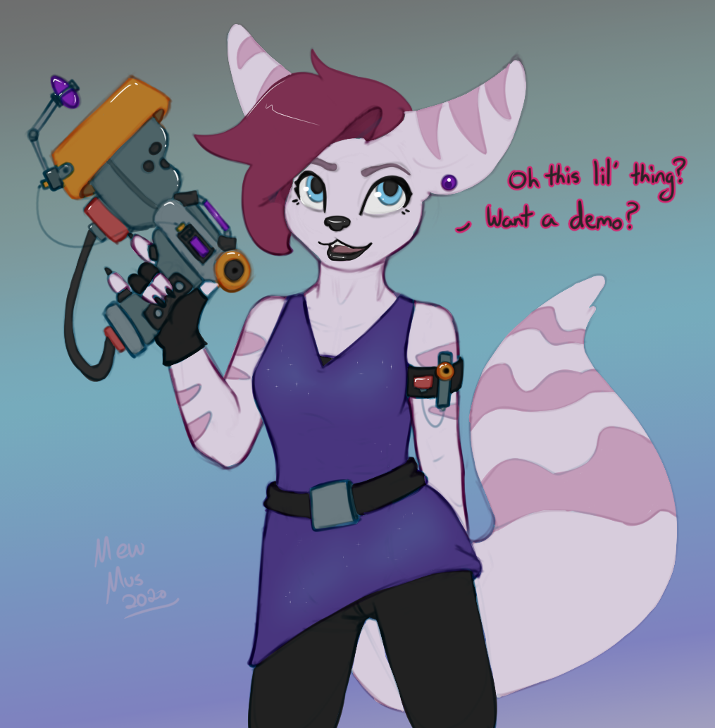 2020 anthro belt black_nose blue_eyes clothing dialogue ear_piercing english_text fan_character female fingerless_gloves gloves gun hair handwear holding_gun holding_object holding_weapon lips lombax looking_up mammal mewmus piercing ranged_weapon ratchet_and_clank red_hair rose_pantilion simple_background smile solo sony_corporation sony_interactive_entertainment text thick_bottom_lip video_games weapon