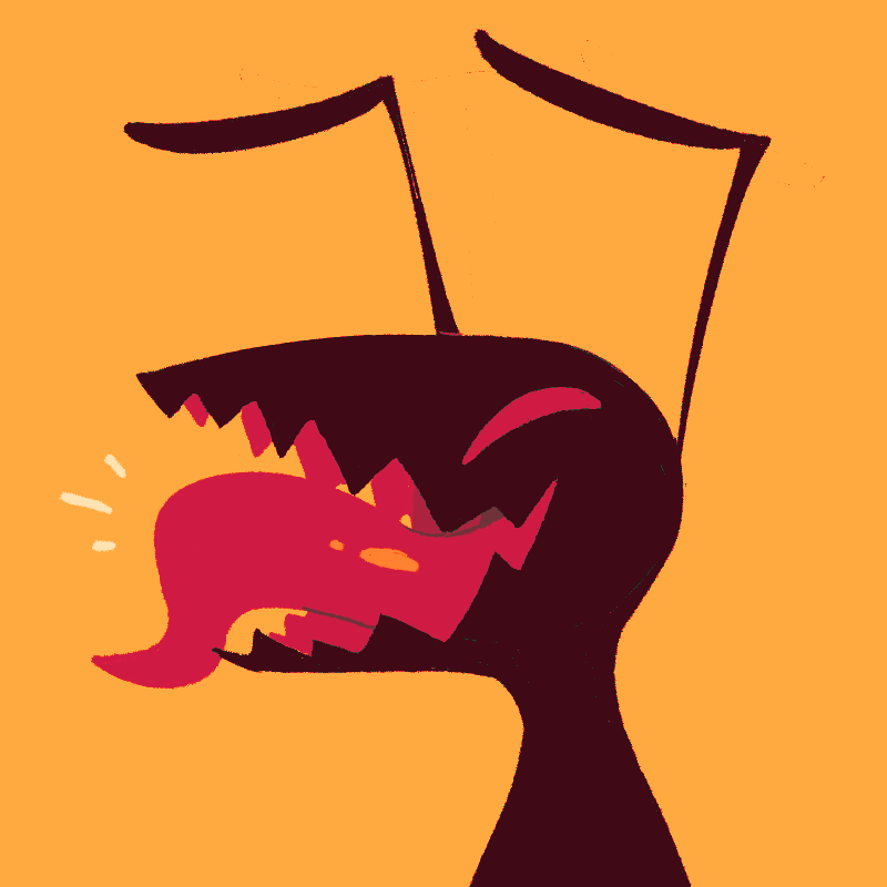 1:1 ambiguous_gender antennae_(anatomy) anthro arthropod black_body glistening glistening_tongue headshot_portrait insect open_mouth orange_background portrait red_eyes red_tongue sharp_teeth simple_background solo squishy_(artist) teeth thick_tongue tongue tongue_out
