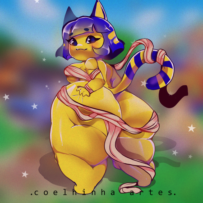 1:1 animal_crossing ankha_(animal_crossing) anthro bandage big_butt breasts butt coelhinha_artes domestic_cat felid feline felis female holding_butt huge_butt looking_at_viewer looking_back looking_back_at_viewer mammal nintendo solo video_games