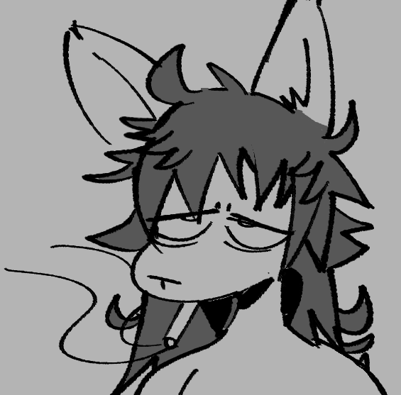 ambiguous_gender anthro bags_under_eyes canid canine cigarette ear_tuft eye_roll fox greyscale hair half-closed_eyes headshot_portrait mammal messy_hair monochrome narrowed_eyes portrait sad smoke smoking sog_(squishy) solo squishy_(artist) tuft