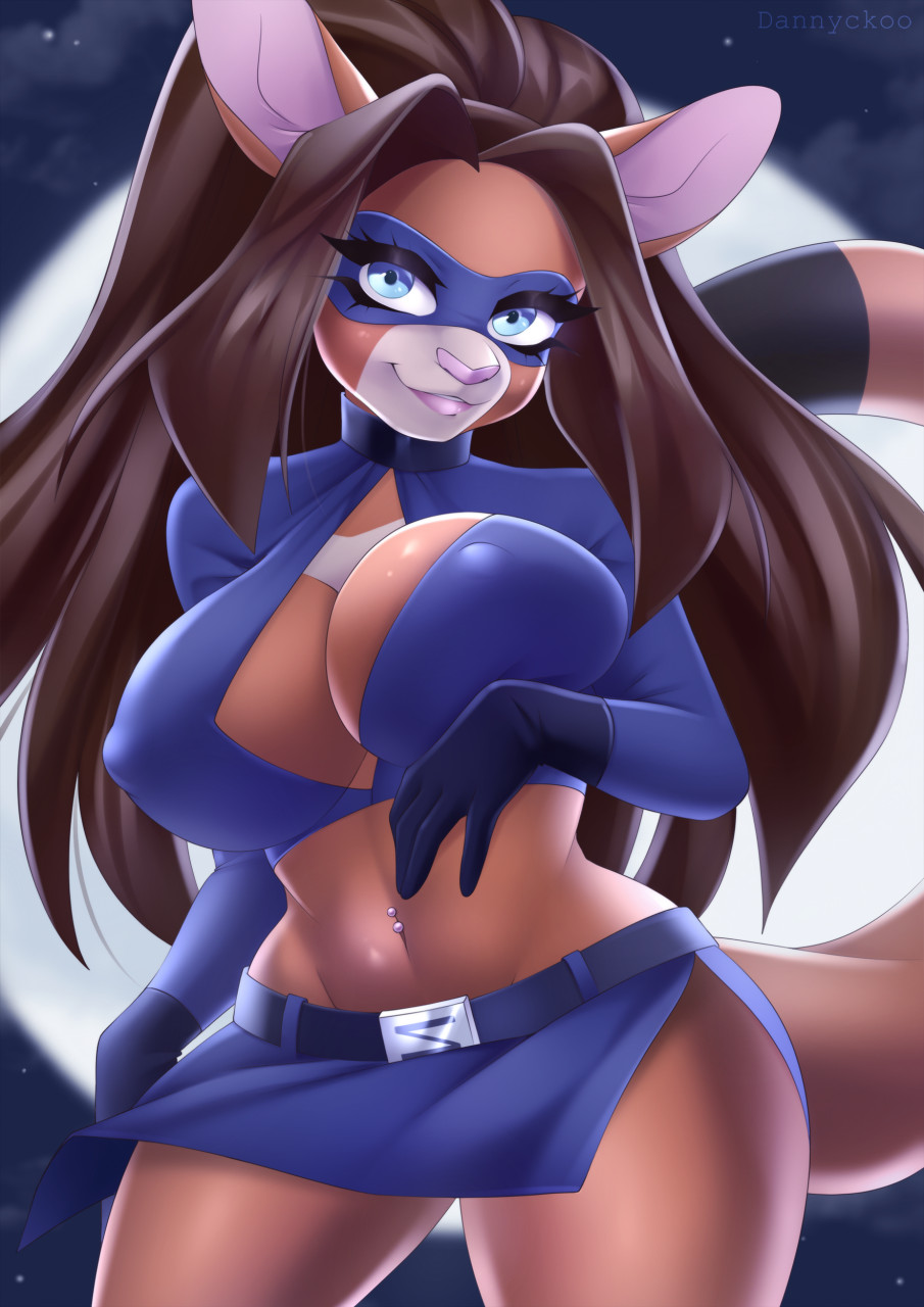 anthro big_breasts bottomwear breasts brown_hair cleavage clothed clothing dannyckoo female hair hi_res lips mammal mask miniskirt navel navel_piercing nipple_outline piercing skirt solo thick_bottom_lip